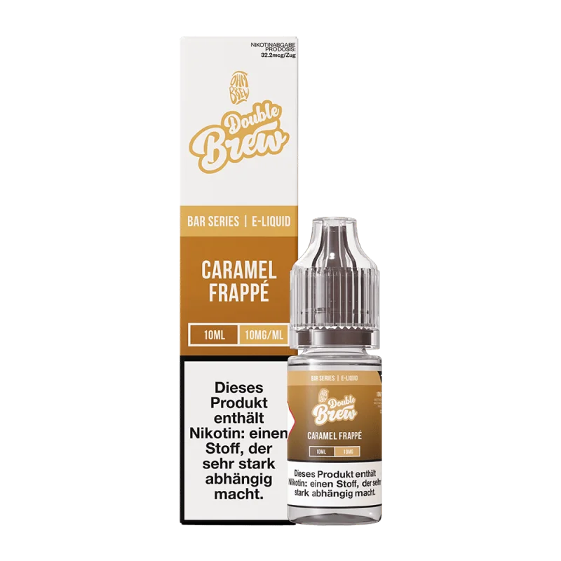 Double Brew Caramel Frappe 10ml Nikotinsalz-Liquid – goldfarbene Flasche neben beigem Karton