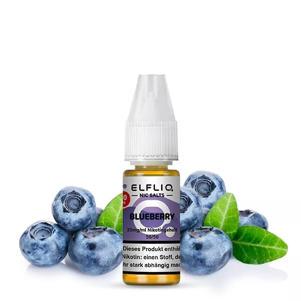 Elfliq Blueberry Nikotinsalz-Liquid 10ml Flasche mit Blaubeeren-Dekoration und blau-lila Etikett