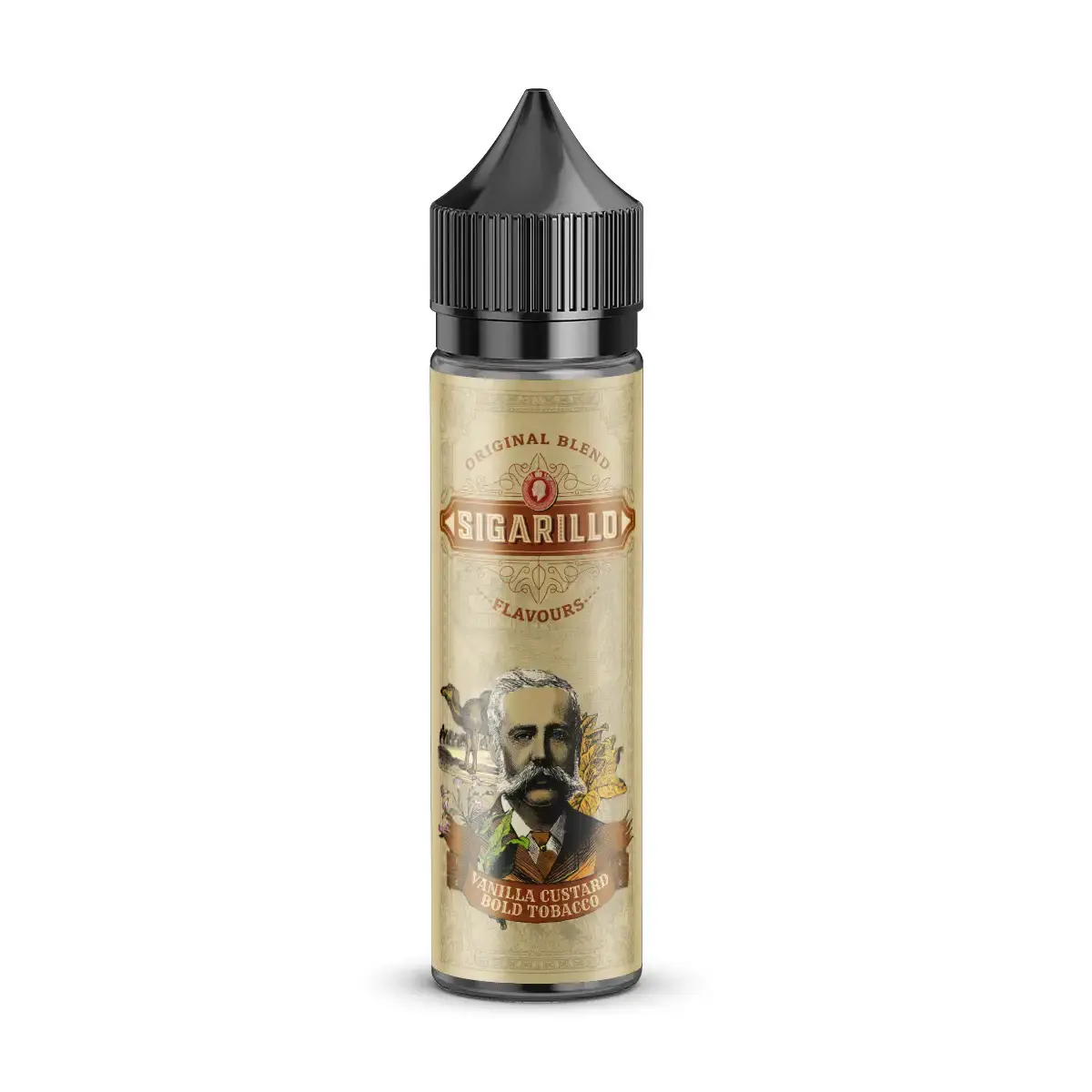 Sigarillo Vanilla Custard Bold Tobacco Longfill 60ml Flasche in cremefarbenem vintage Design mit Porträt