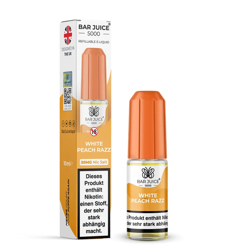 Bar Juice 5000 White Peach Razz Nikotinsalz-Liquid 10ml – orangefarbene Flasche neben Einweg-Vape und Karton