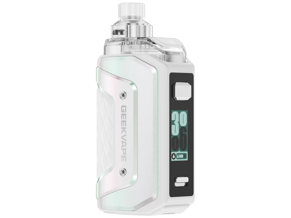 GeekVape Aegis Hero 5 Pod-Kit in Weiß-Silber mit Farbdisplay, Frontansicht