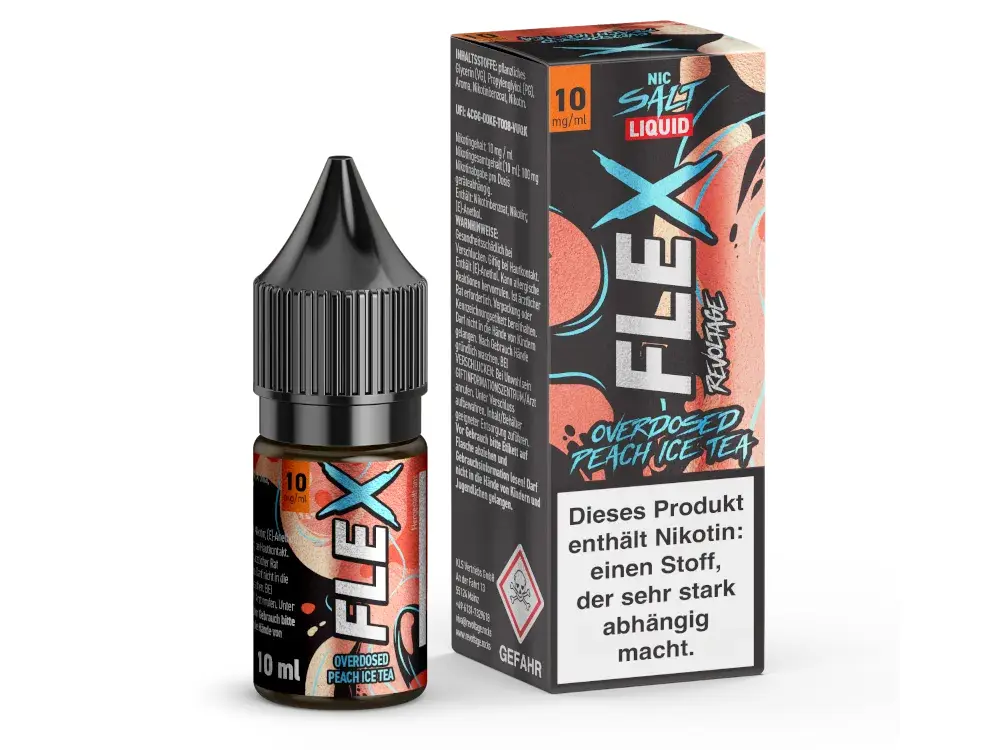 Revoltage Flex Overdosed Peach Ice Tea 10ml Nikotinsalz-Liquid – Flasche mit Verpackung, Pfirsich- und Beerenmotiv