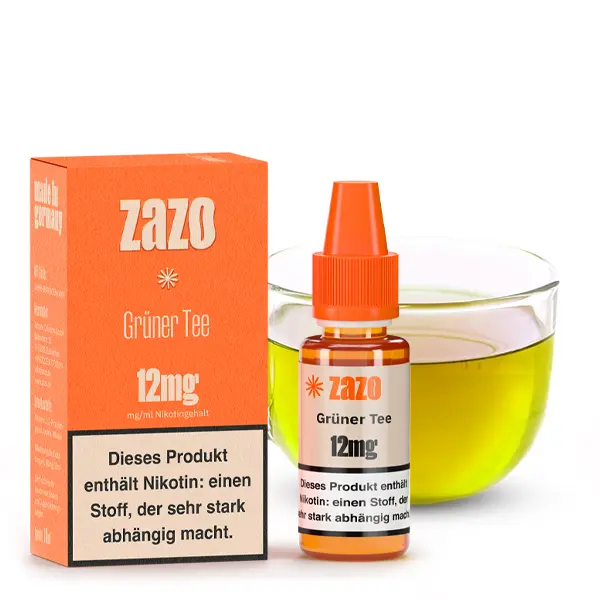 ZAZO Neo Grüner Tee Liquid 10ml, 12mg, Flasche und Box mit Teetasse im Hintergrund