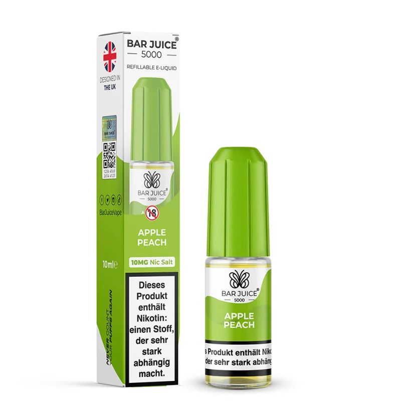 Bar Juice 5000 Apple Peach 10ml Nikotinsalz-Liquid – hellgrüne Flasche mit Verpackungskarton