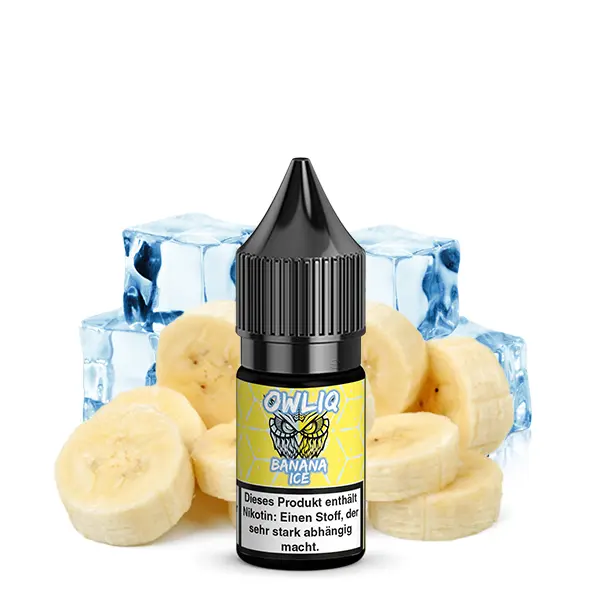 Owliq Banana Ice 10ml Nikotinsalz-Liquid, schwarze Flasche mit Bananen und Eiswürfeln im Hintergrund