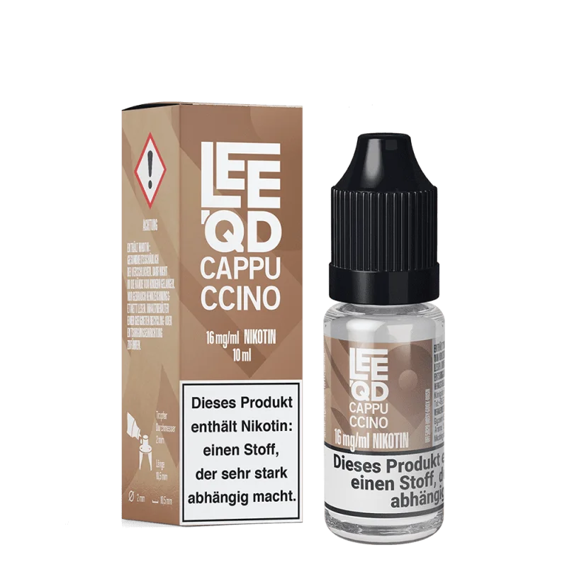 LEEQD Crazy Cappuccino 10ml Liquid – braune Faltschachtel mit 10ml Fläschchen, Vorder- und Seitenansicht