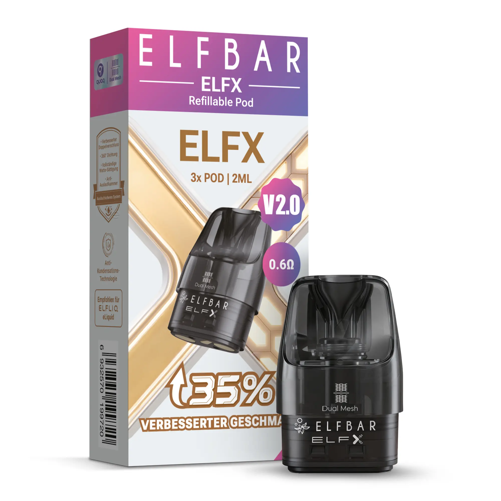 Elfbar ELFX V2.0 Refillable Pod 3er-Pack Verpackungsansicht mit Pods, lila-goldenes Design