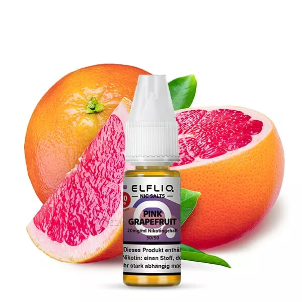 Elfbar Elfliq Pink Grapefruit 10ml Nikotinsalz-Liquid, kleine Flasche mit aufgeschnittener rosa Grapefruit im Hintergrund