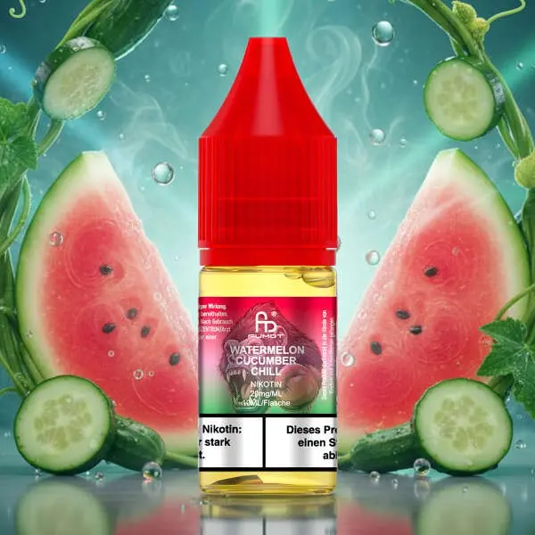 Fumot Watermelon Cucumber Chill 10ml Nikotinsalz-Liquid, rote Flasche mit Wassermelone und Gurke als Hintergrundmotiv