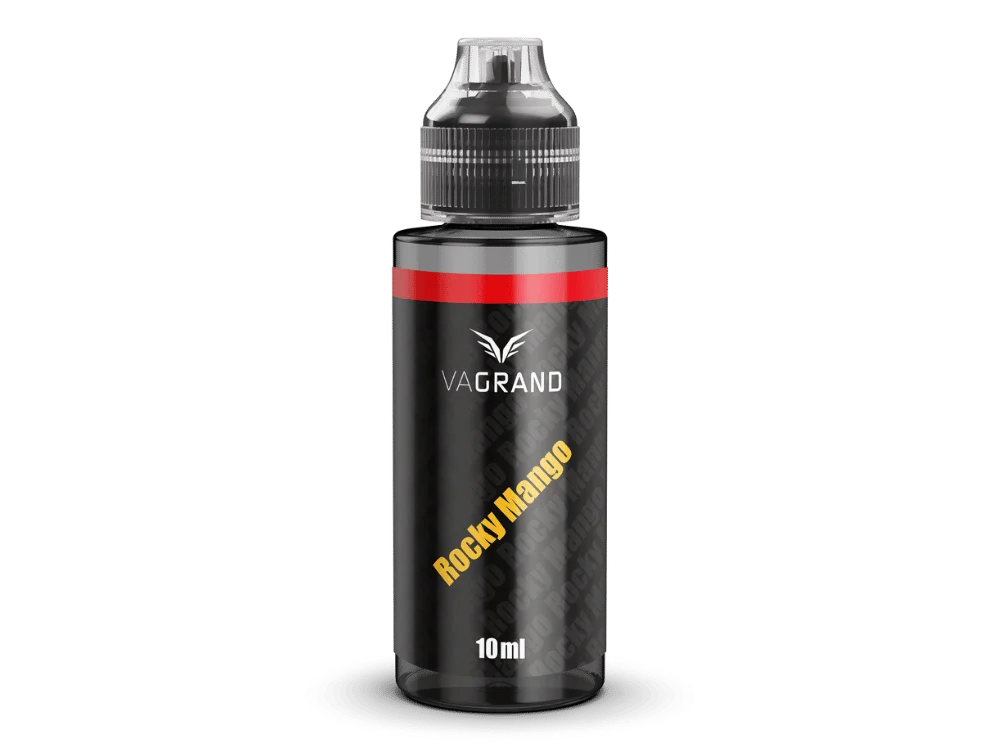 Vagrand Rocky Mango Longfill, schwarze 10-ml-Flasche mit orangefarbenem Schriftzug, Frontansicht