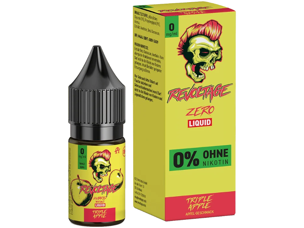 Revoltage Triple Apple 10ml Hybrid-Nikotinsalz-Liquid – Flasche und Verpackung 0% Nikotin, gelb-rot