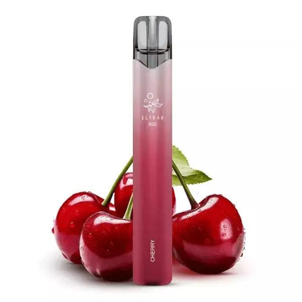 Elfbar 800 Einweg E-Zigarette Cherry in Rot mit reifen Kirschen im Hintergrund, 20mg/ml