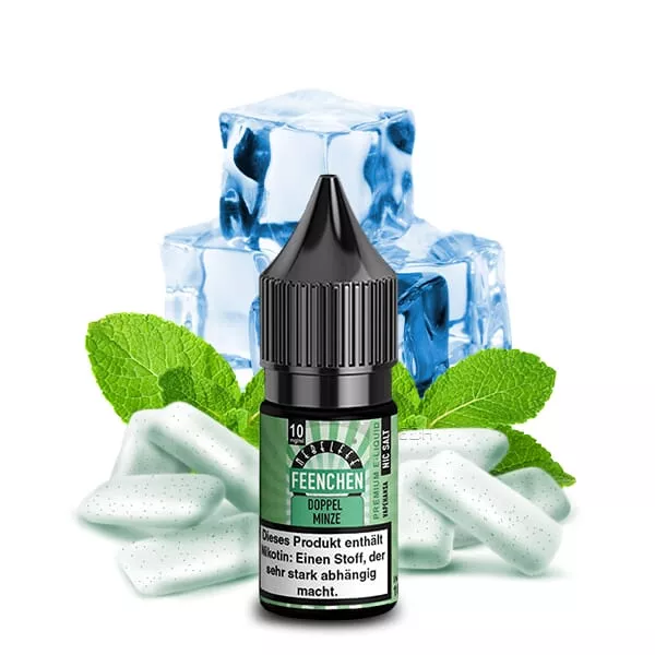 Nebelfee Doppel Minze Feenchen 10ml Nikotinsalz-Liquid Flasche mit Eiswürfeln und Minzblättern im Hintergrund