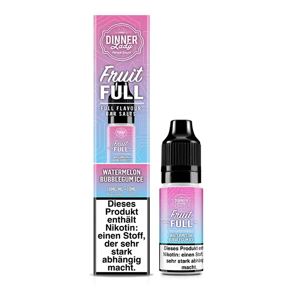 Dinner Lady Fruit Full Watermelon Bubblegum Ice 10ml Nikotinsalz-Liquid Flasche und Verpackungskarton in Rosa-Blau