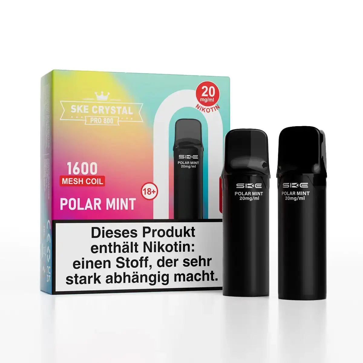 SKE Crystal 800 Pro Prefilled Pod Polar Mint – Verpackung mit zwei schwarzen Pods, 20 mg Nikotin