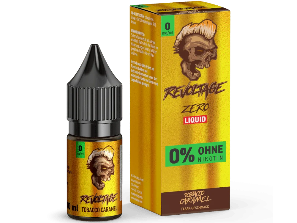Revoltage Zero Tobacco Caramel 10ml Hybrid-Nikotinsalz-Liquid in goldgelber Flasche mit Verpackung, 0% ohne Nikotin
