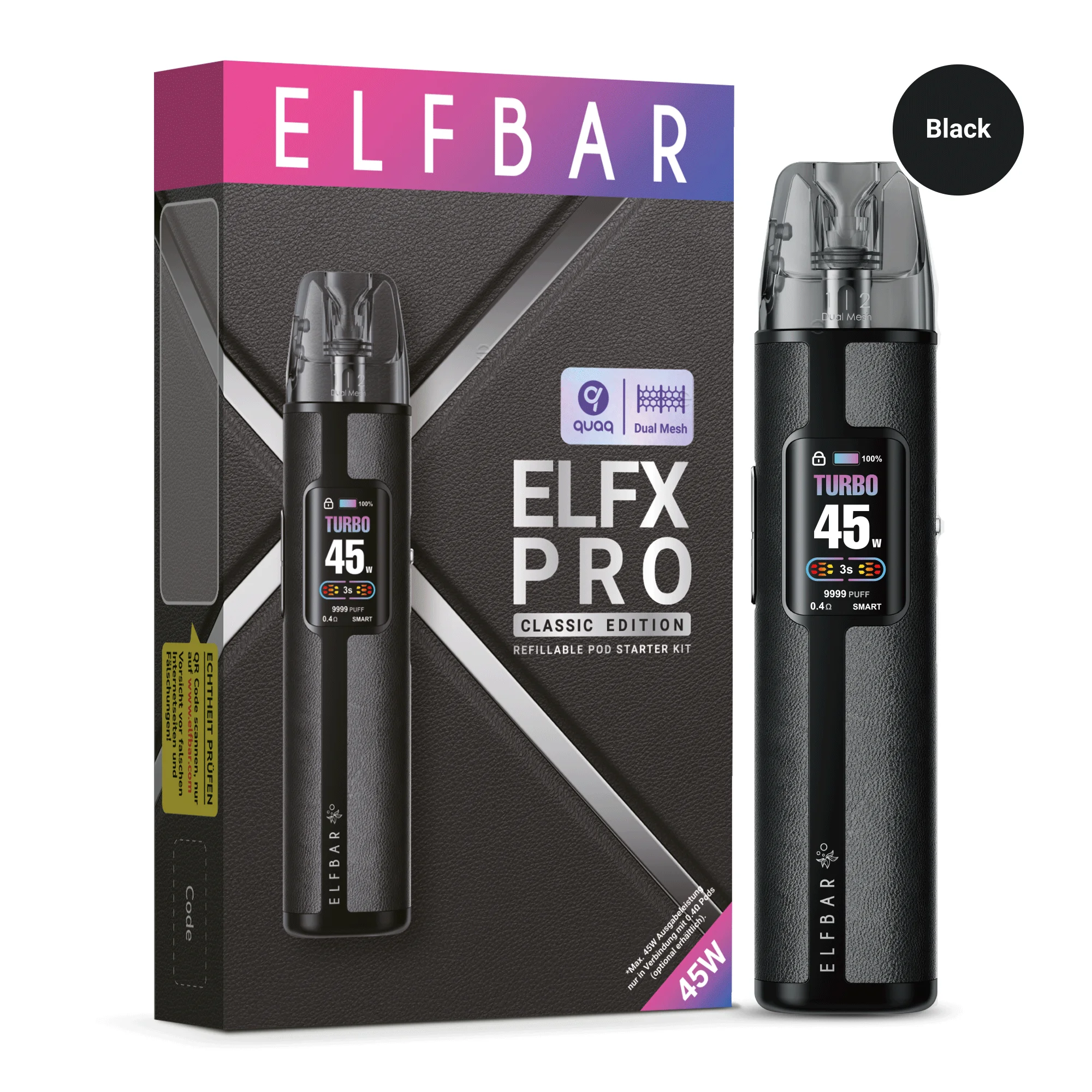 Elfbar ELFX Pro Refillable Kit in Schwarz mit Pod-System und Verpackung, 45W Akkuträger