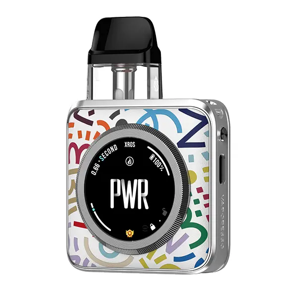 Vaporesso XROS 5 Nano Pod Kit in buntem Graffiti-Design mit weißem Hintergrund und PWR-Display