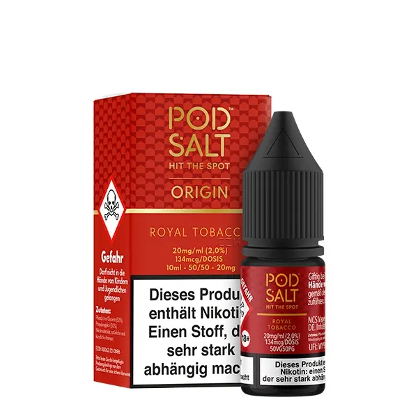 PodSalt Origin Royal Tobacco 10ml Nikotinsalz-Liquid – rote Verpackung und Flasche mit Warnhinweis