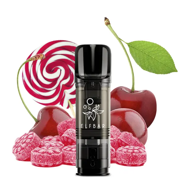Elfbar Elfa Prefilled Pod Cherry 0mg/ml einzelner Pod mit Kirschen und Lollipop im Hintergrund