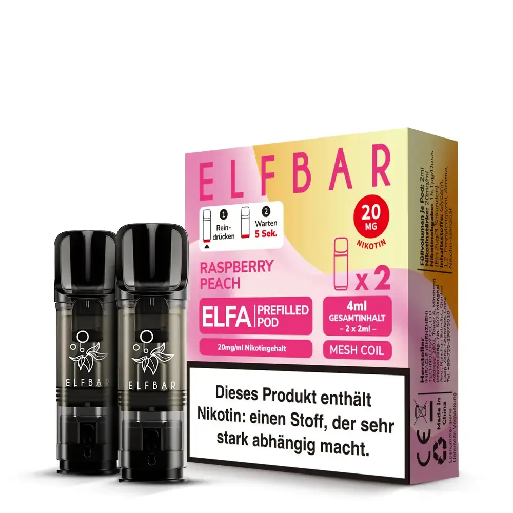 Elfbar Elfa Prefilled Pod Raspberry Peach 2er-Pack, pinke Verpackungsbox mit zwei schwarzen Pods