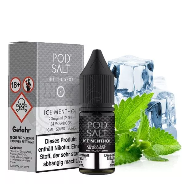 PodSalt Ice Menthol Nikotinsalz-Liquid 10ml Flasche mit Eiswürfeln und Minze im Hintergrund