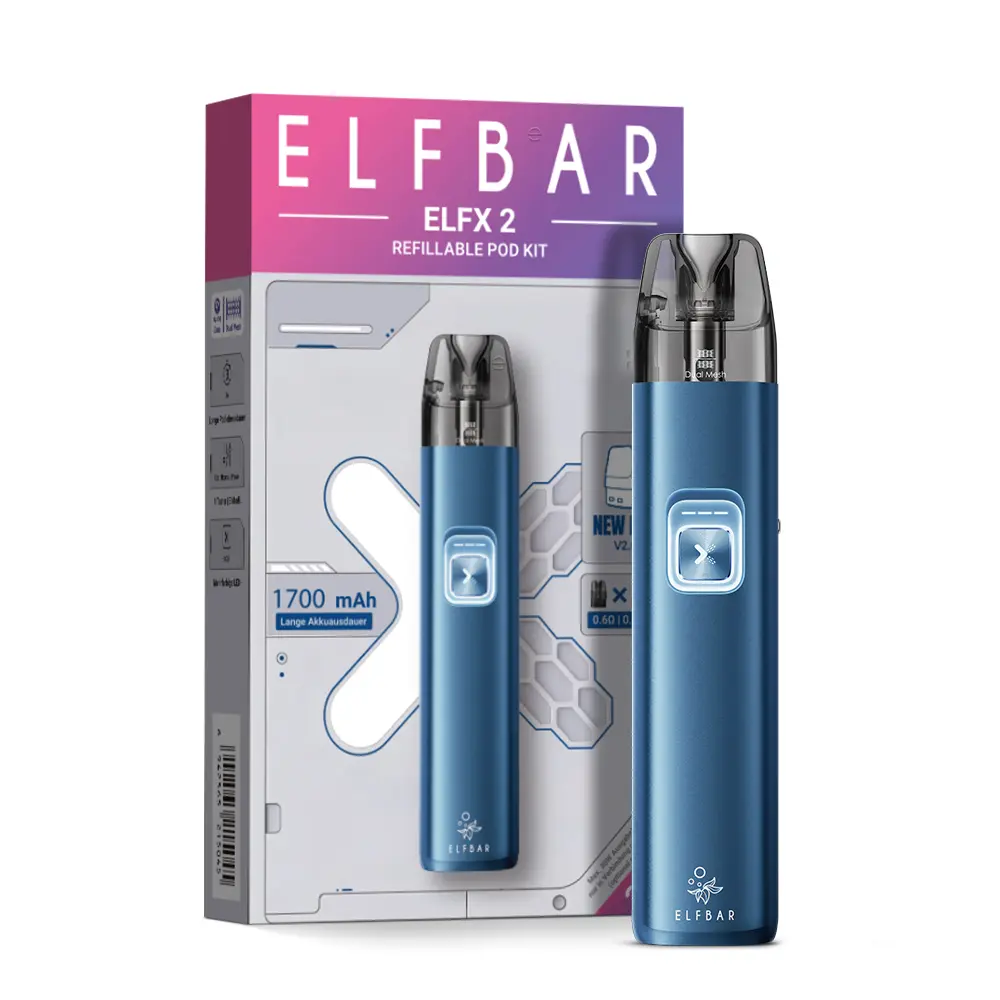 Elfbar ELFX 2 Refillable Kit in Blau mit Pod-System, Verpackung und Gerät nebeneinander