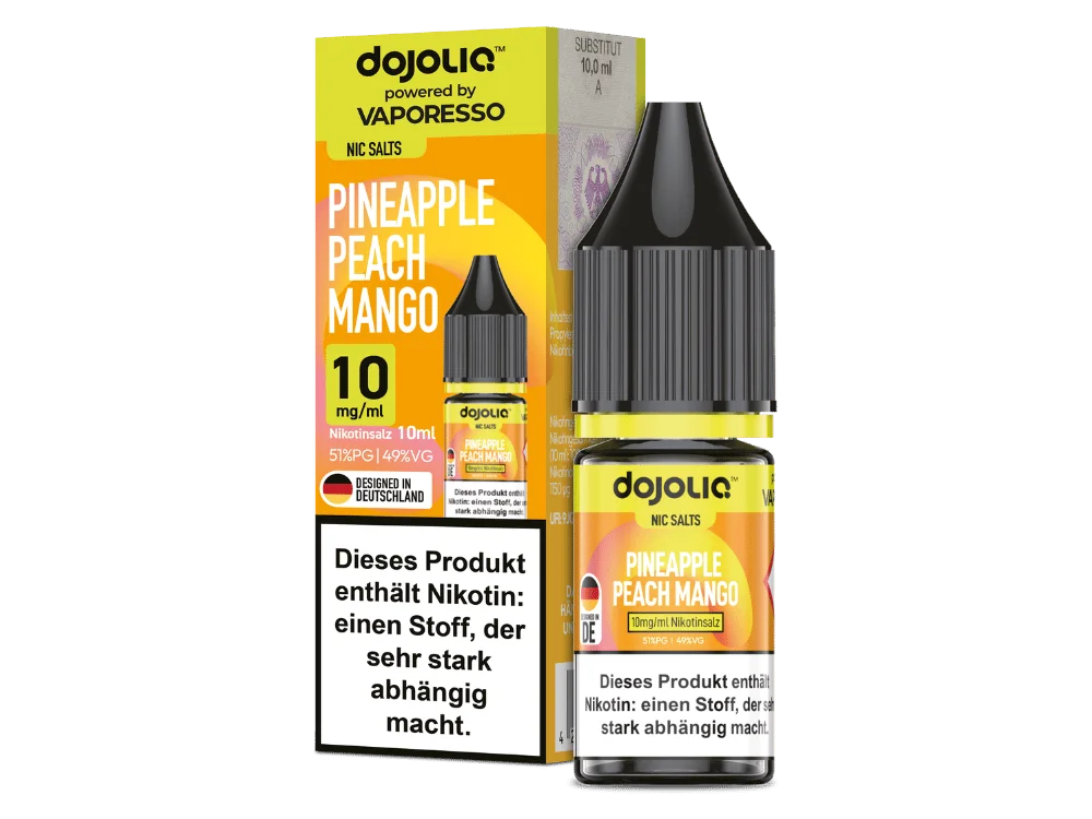 Dojoliq Pineapple Peach Mango 10ml Nikotinsalz-Liquid von Vaporesso – gelb-oranges Fläschchen mit Produktkarte