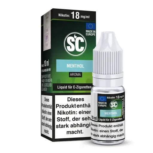 SC Menthol 10ml eLiquid mit 18 mg/ml Nikotin, grünes Etikett, Flasche mit Verpackungskarton
