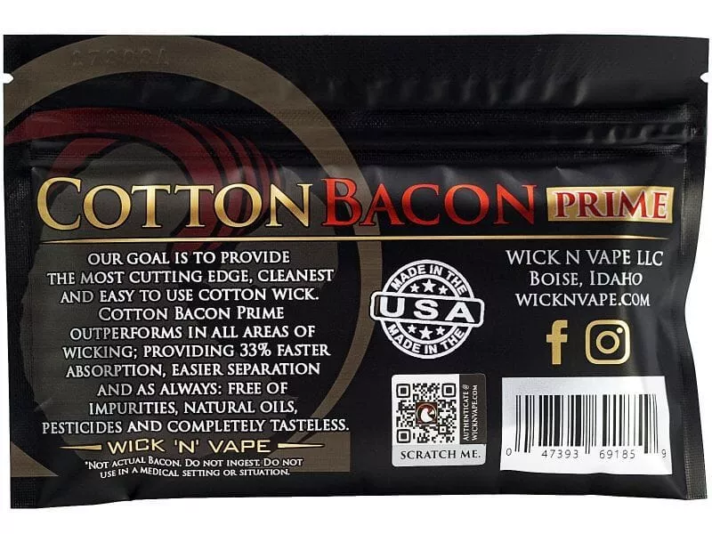 Rückseite der Cotton Bacon Prime Verpackung von Wick'n'Vape mit Produktbeschreibung