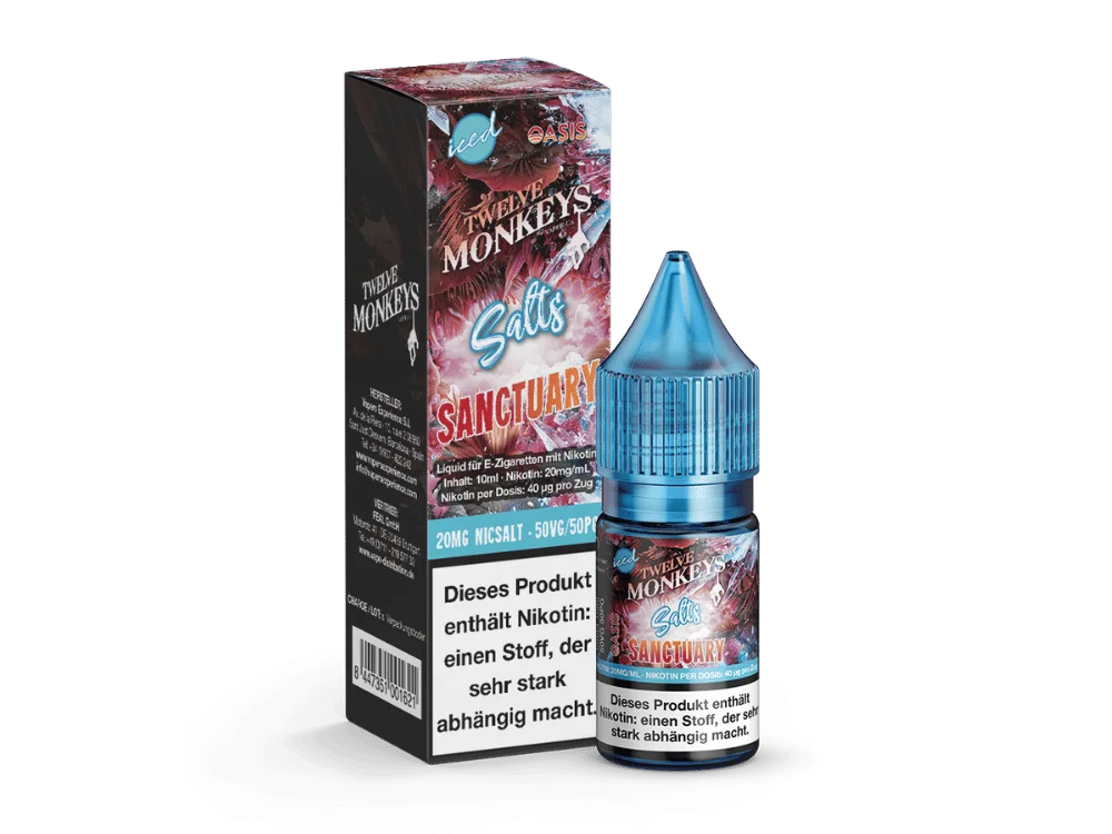 Twelve Monkeys Iced Salts Sanctuary 10ml Nikotinsalz-Liquid – Fläschchen mit roter Verpackung und Eis-Schriftzug