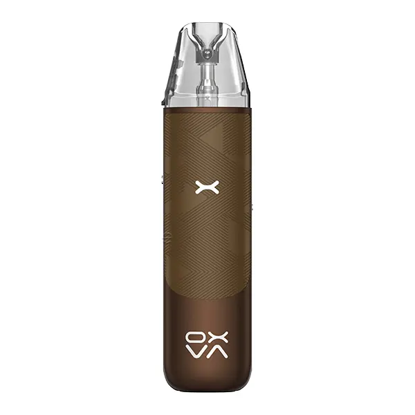 Oxva NeXlim Go Pod Kit in Dunkelbraun mit Carbonfaser-Textur und transparentem Pod