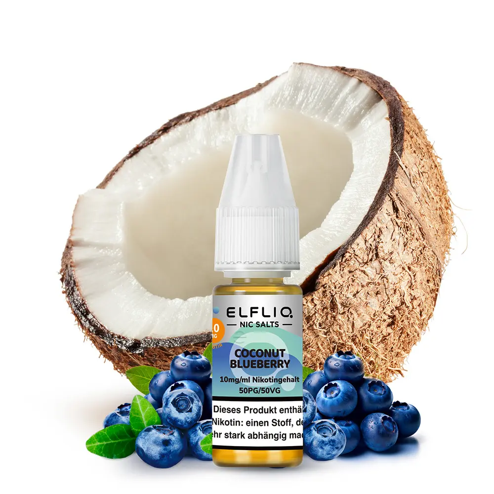 Elfbar Elfliq Coconut Blueberry 10ml Nikotinsalz-Liquid Flasche vor aufgebrochener Kokosnuss und Heidelbeeren