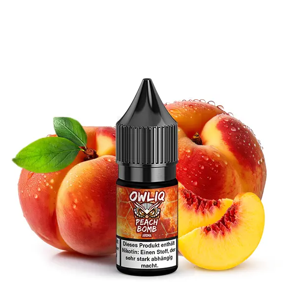 Owliq Peach Bomb 10ml Nikotinsalz-Liquid – Flasche umgeben von frischen Pfirsichen