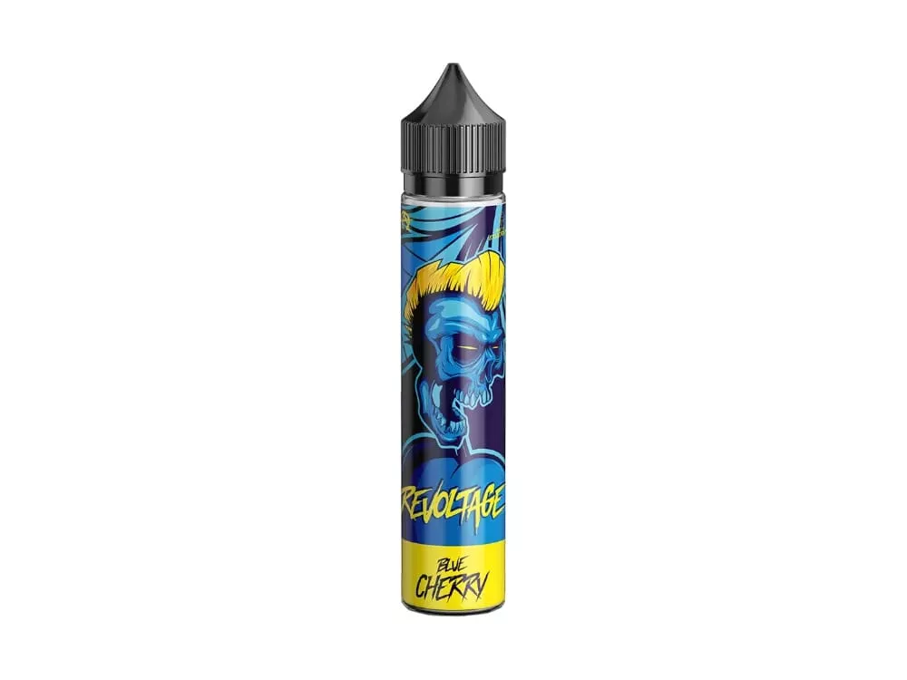 Revoltage Blue Cherry Longfill 60ml, blau-gelbe Flasche mit blauem Bären-Motiv