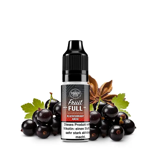 Dinner Lady Fruit Full Blackcurrant Anise Nikotinsalz-Liquid – Flasche vor dunklem Hintergrund mit Johannisbeeren und Anis