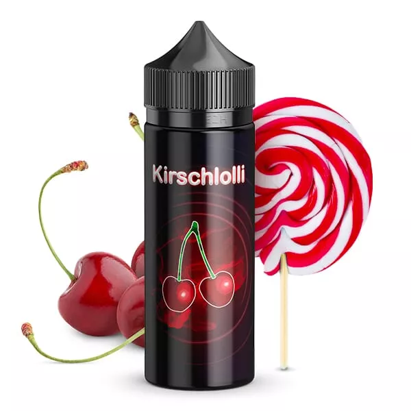Kirschlolli Longfill 100ml Flasche in Schwarz mit Kirsch- und Lolli-Motiv, umgeben von frischen Kirschen und einem Lolli