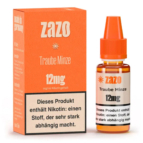 ZAZO Neo Traube Minze 10ml eLiquid 12mg, orange-weiße Verpackung mit Flasche, Seitenansicht