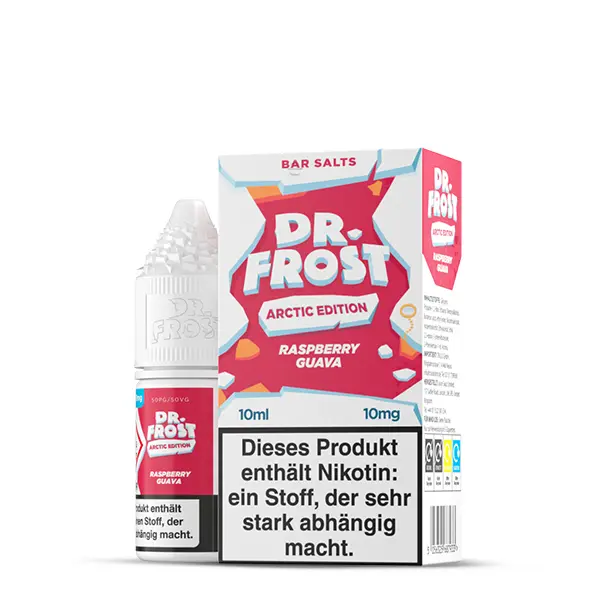Dr. Frost Arctic Edition Raspberry Guava 10ml Nikotinsalz-Liquid – rote Verpackung, leicht schräge Ansicht