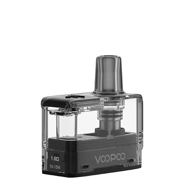 VooPoo Doric Go Ersatz-Pod dunkelgrau mit Beschriftung, seitliche Ansicht