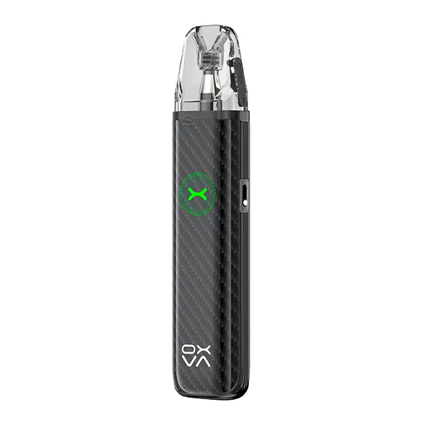 Oxva Xlim Go 2 Pod Kit in Schwarz mit Carbon-Optik, schlankes Stabdesign mit grünem Leuchtelement, Frontansicht
