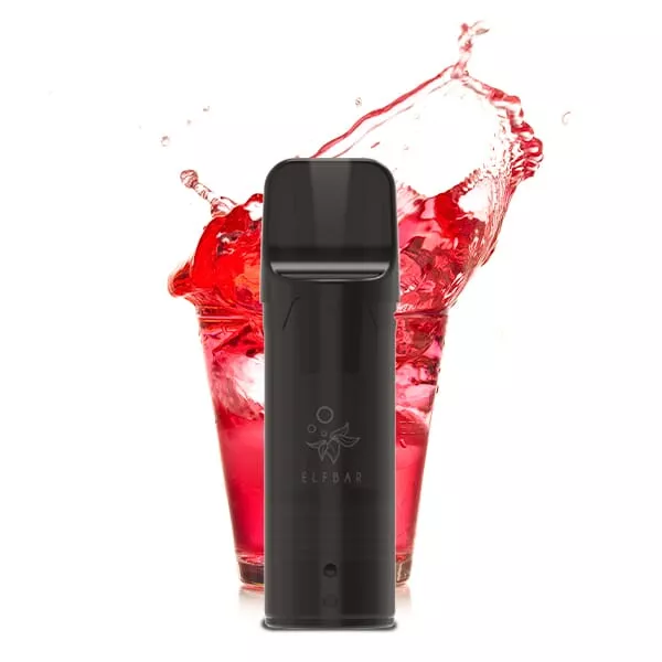 Elfbar Elfa Prefilled Pod Pink Lemonade schwarz, einzelner Pod vor rotem Erfrischungsgetränk
