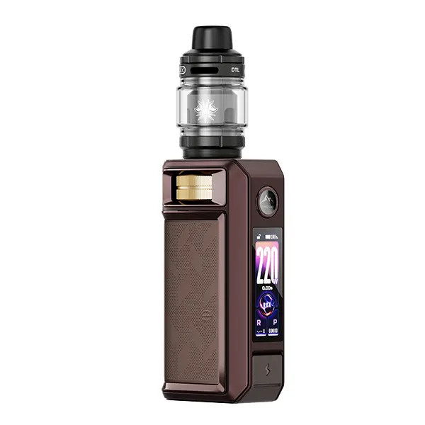 VooPoo Drag 6 Kit in Dunkelbraun mit aufgesetztem Tank, Frontansicht mit farbigem Display