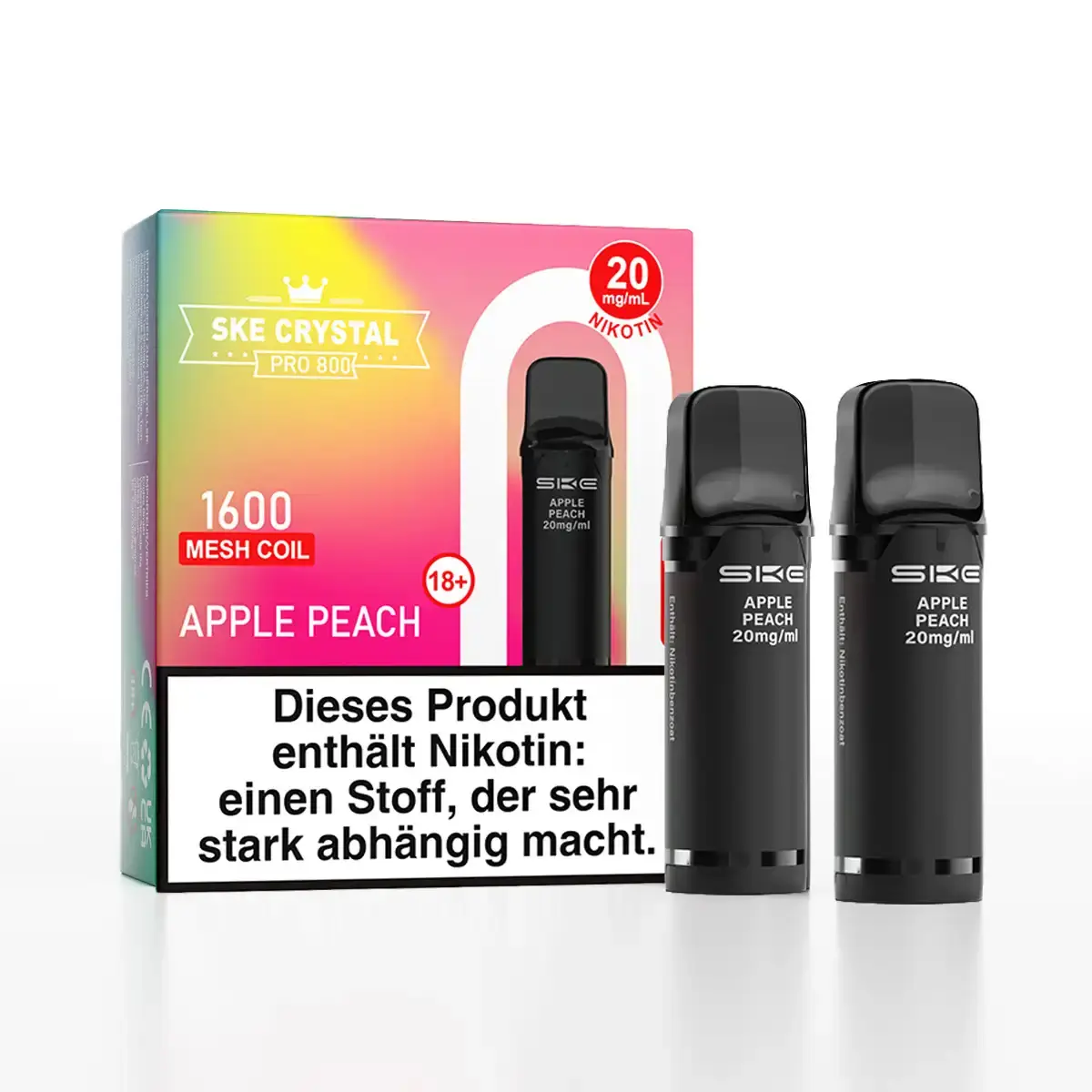 SKE Crystal 800 Pro Prefilled Pod Apple Peach – 2er-Packung, zwei schwarze Pods vor bunter Verpackung