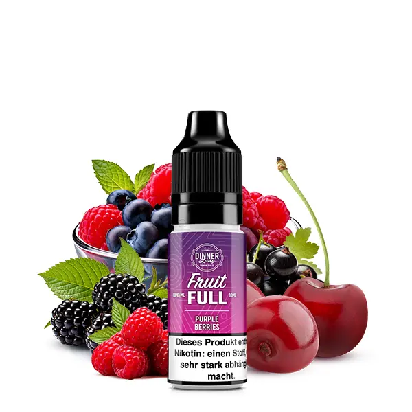 Dinner Lady Fruit Full Purple Berries 10ml Nikotinsalz-Liquid, Flasche mit lila Etikett, Beeren und Kirschen im Hintergrund