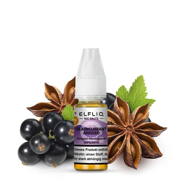 source317923.jpg Elfliq Blackcurrant Aniseed 10ml Nikotinsalz-Liquid Flasche vor schwarzen Johannisbeeren und Sternanis