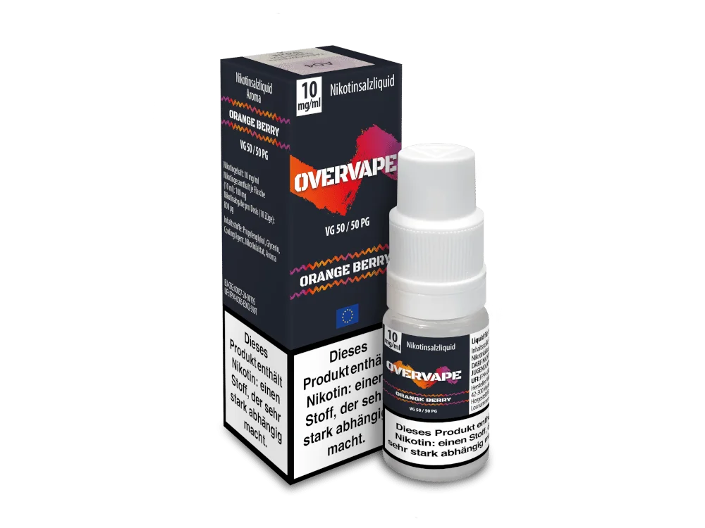 Overvape Orange Berry 10ml Nikotinsalz-Liquid – dunkle Schachtel mit rotem Label und 10ml Tropfflasche