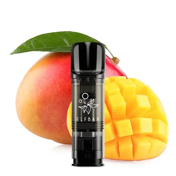 Elfbar Elfa Prefilled Pod Mango 20mg/ml, schwarzer Pod vor frischen Mangos freistehend