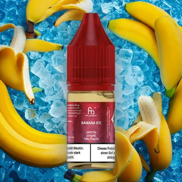 Fumot Banana Ice 10ml Nikotinsalz-Liquid – rote Flasche vor Eis- und Bananenhintergrund