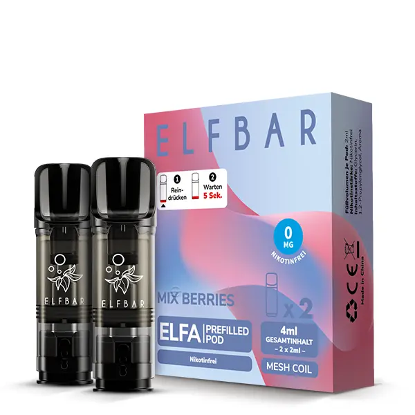 Elfbar Elfa Prefilled Pod Mix Berries 0mg, 2er-Packung in blau-rosafarbener Verpackung mit Mesh-Coil-Hinweis